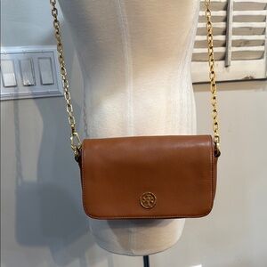 Tory Burch Tan Leather Crossbody Bag with Gold Chain